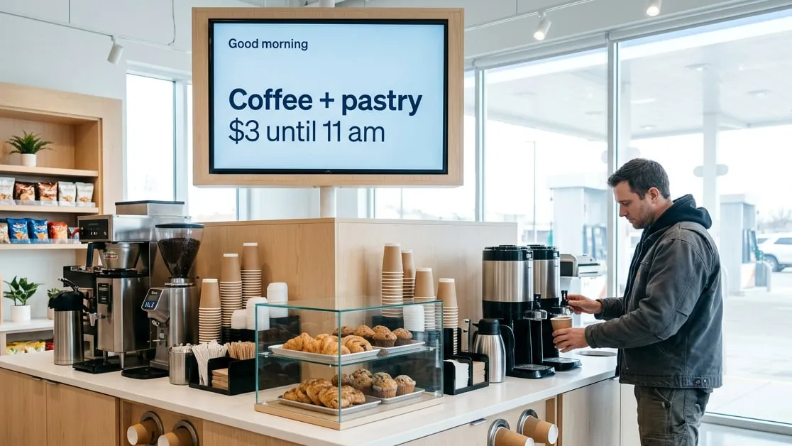 Man pouring a coffee at a self-service coffee bar in a convenience store, under a screen saying Good morning, coffee + pastry $3 until 11 am