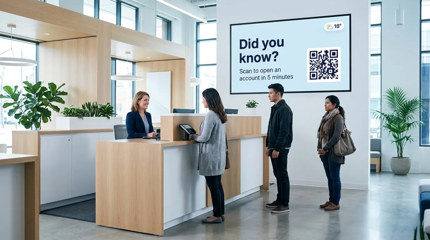 Short line at a bank teller counter under a screen saying Did you know? Scan to open an account in 5 minutes, with a QR code and 18°
