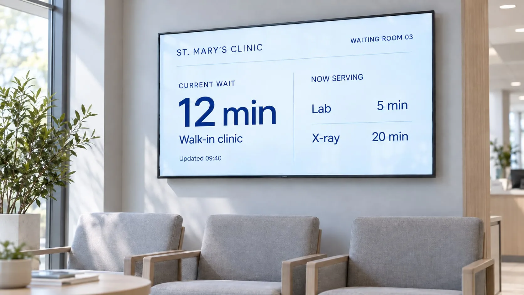 Waiting room screen showing a 12 minute wait for the walk-in clinic and the waits for lab and X-ray