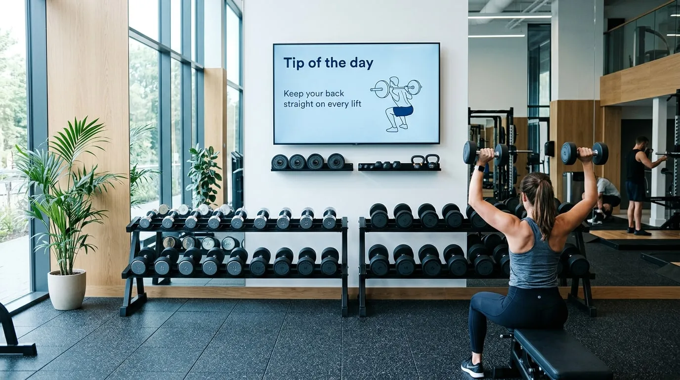 Woman doing a dumbbell shoulder press in front of the dumbbell racks, below a wall screen with the tip of the day: Keep your back straight on every lift, with a drawing of a squat