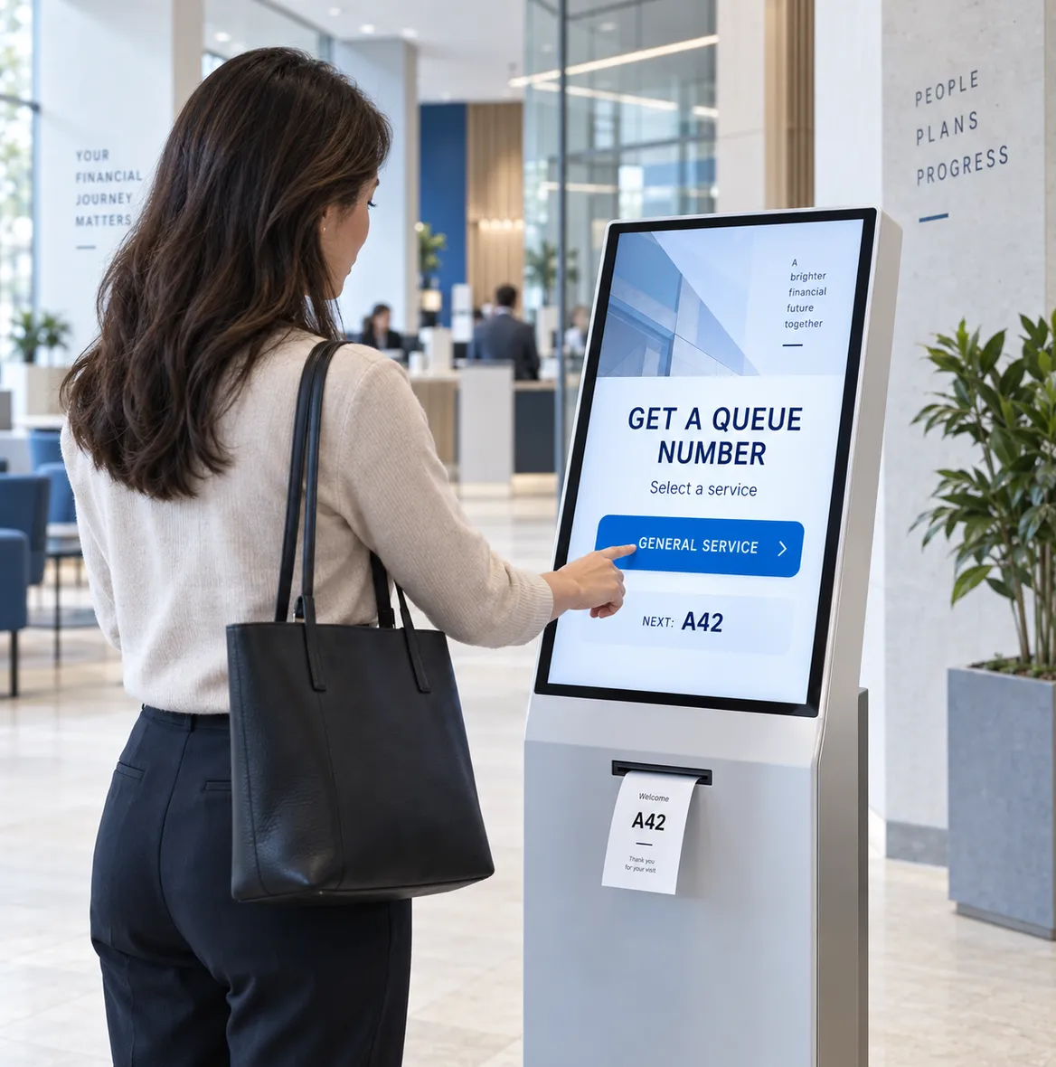 Woman taking a queue number at a touch screen kiosk in an office lobby