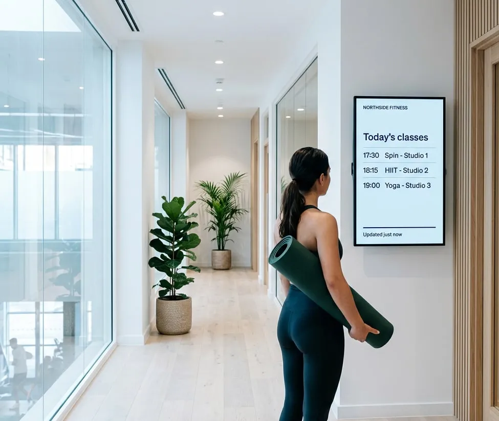 Woman with a yoga mat in a studio corridor reading a wall screen with today’s classes: spin in studio 1 at 17:30, HIIT in studio 2 at 18:15 and yoga in studio 3 at 19:00, updated just now
