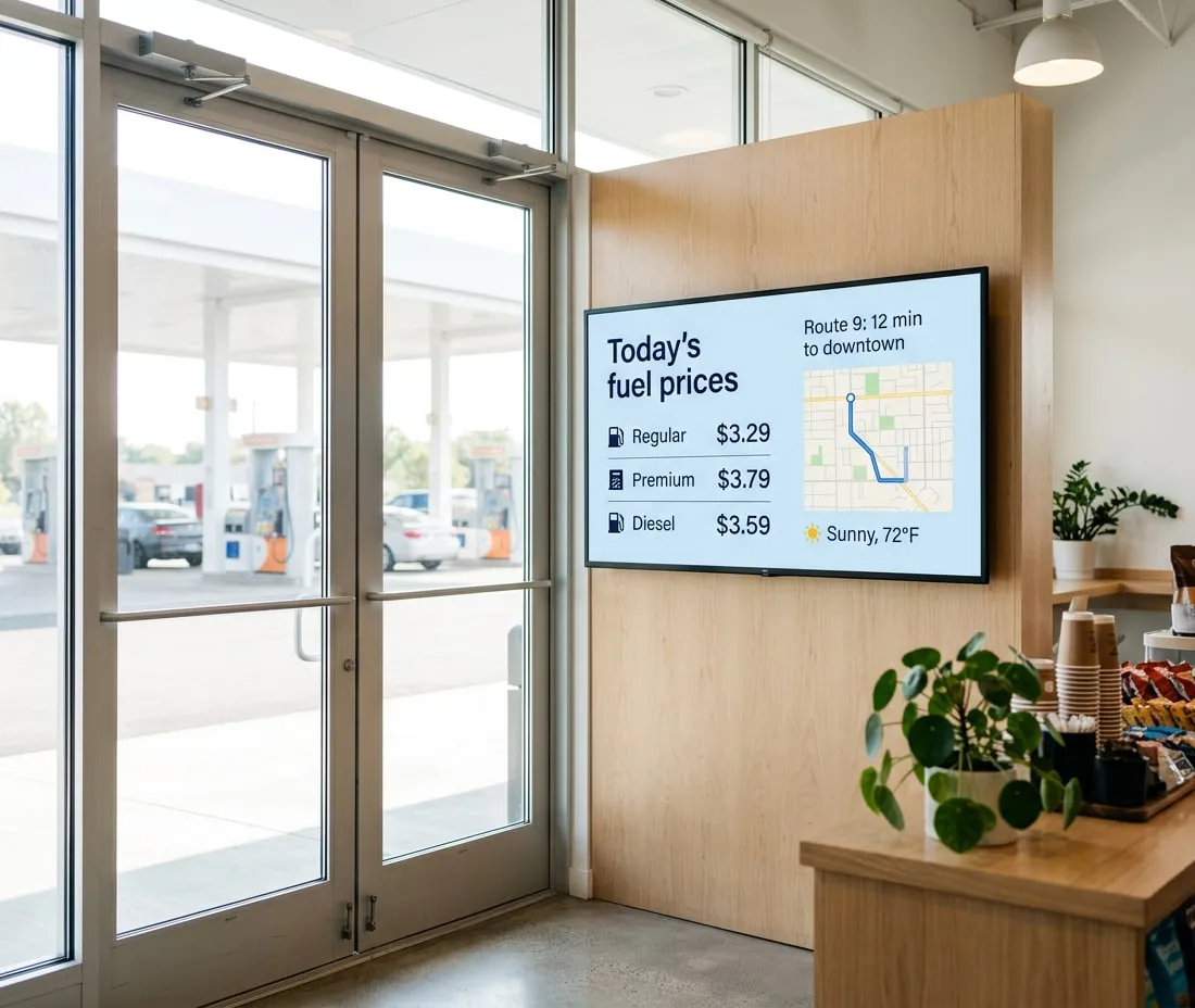 Screen by the entrance of a convenience store with today’s fuel prices (regular $3.29, premium $3.79, diesel $3.59), a map with Route 9: 12 min to downtown, and sunny, 72°F
