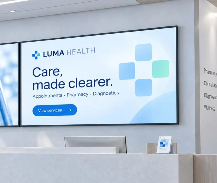 Reception screen showing a health provider’s services: appointments, pharmacy and diagnostics