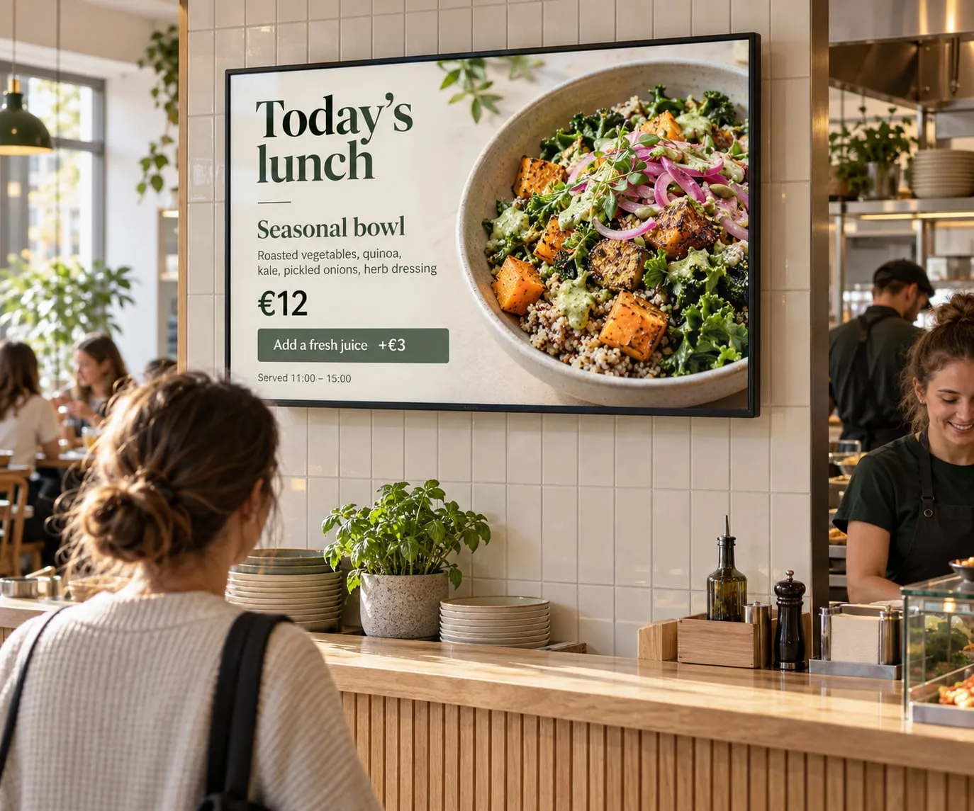 Guest at a café counter looking at a menu screen with today’s lunch: a seasonal bowl for €12