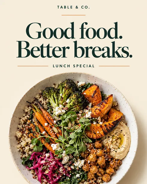 Portrait menu screen with a lunch special: “Good food. Better breaks.” above a vegetable and grain bowl