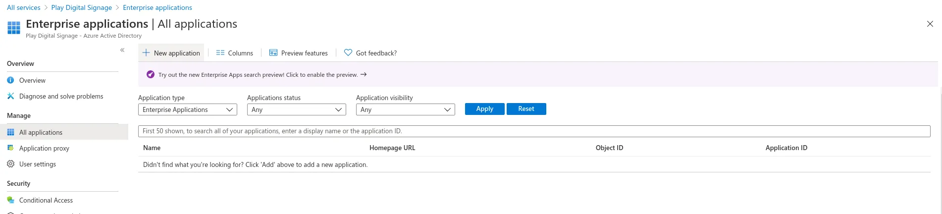 Enterprise Applications page in Microsoft Entra with the New Application button