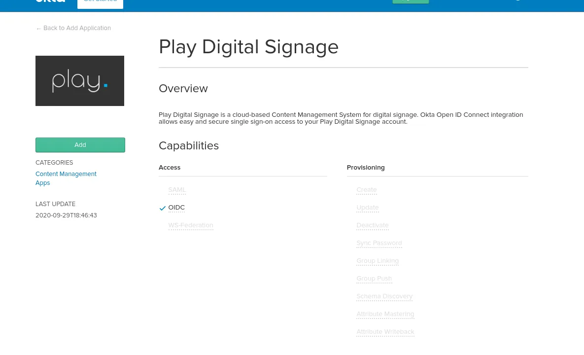 Adding Play Digital Signage to an Okta organization