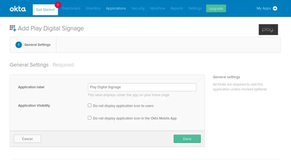 Okta app settings with the app name field and Done button