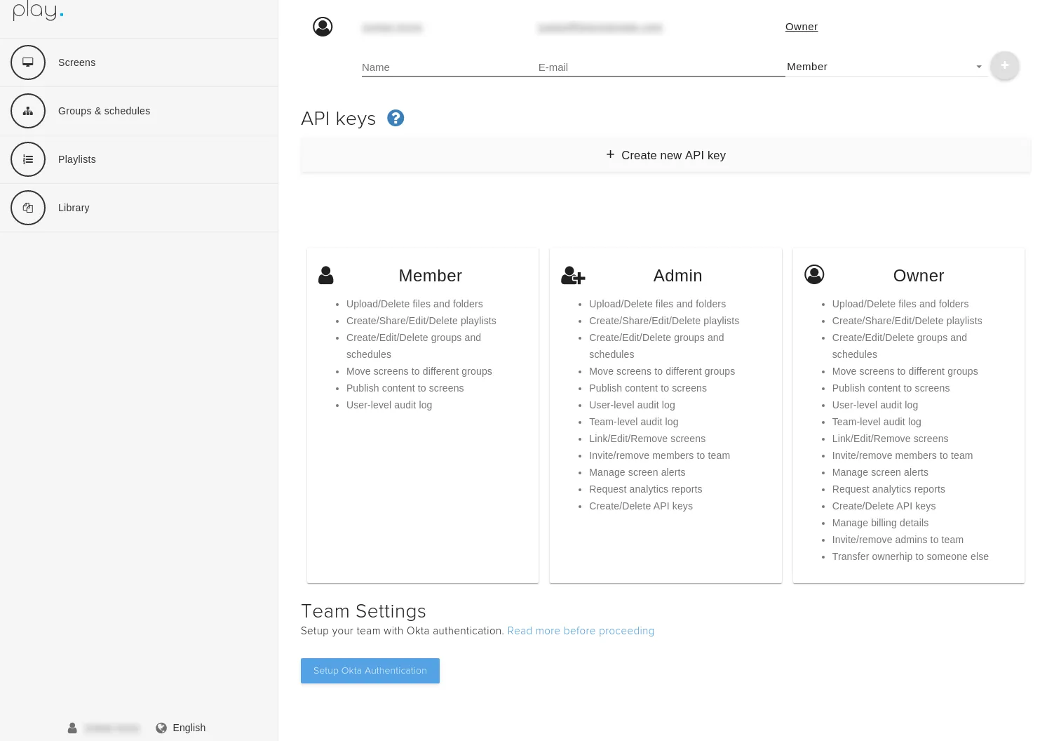 Play Digital Signage team page with the Setup Okta Authentication button