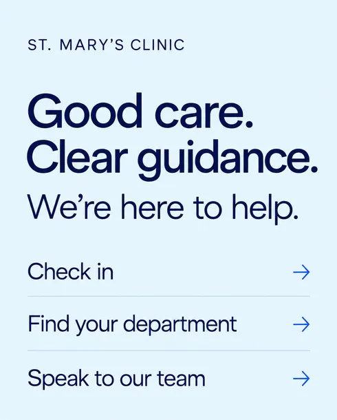 Portrait screen with a clinic’s check-in menu: check in, find your department, speak to our team