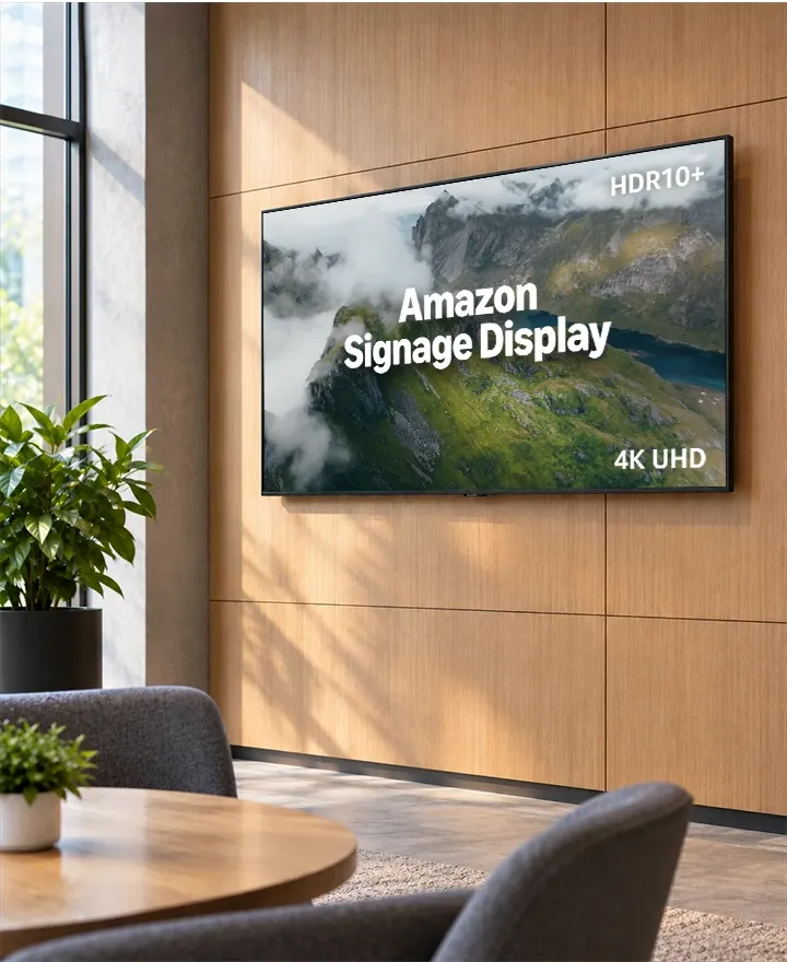 Amazon Signage Display showing a mountain landscape in an office lounge