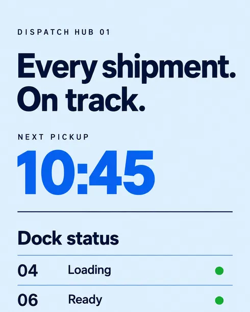 Portrait screen at a dispatch hub showing the next pickup at 10:45 and the status of each dock