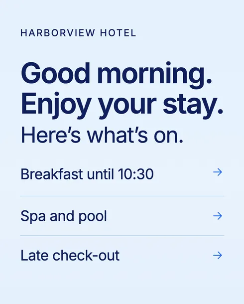 Portrait hotel screen saying good morning, with links to breakfast until 10:30, the spa and pool, and late check-out