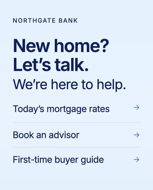 Portrait bank screen saying New home? Let’s talk, with links to today’s mortgage rates, booking an advisor and a first-time buyer guide