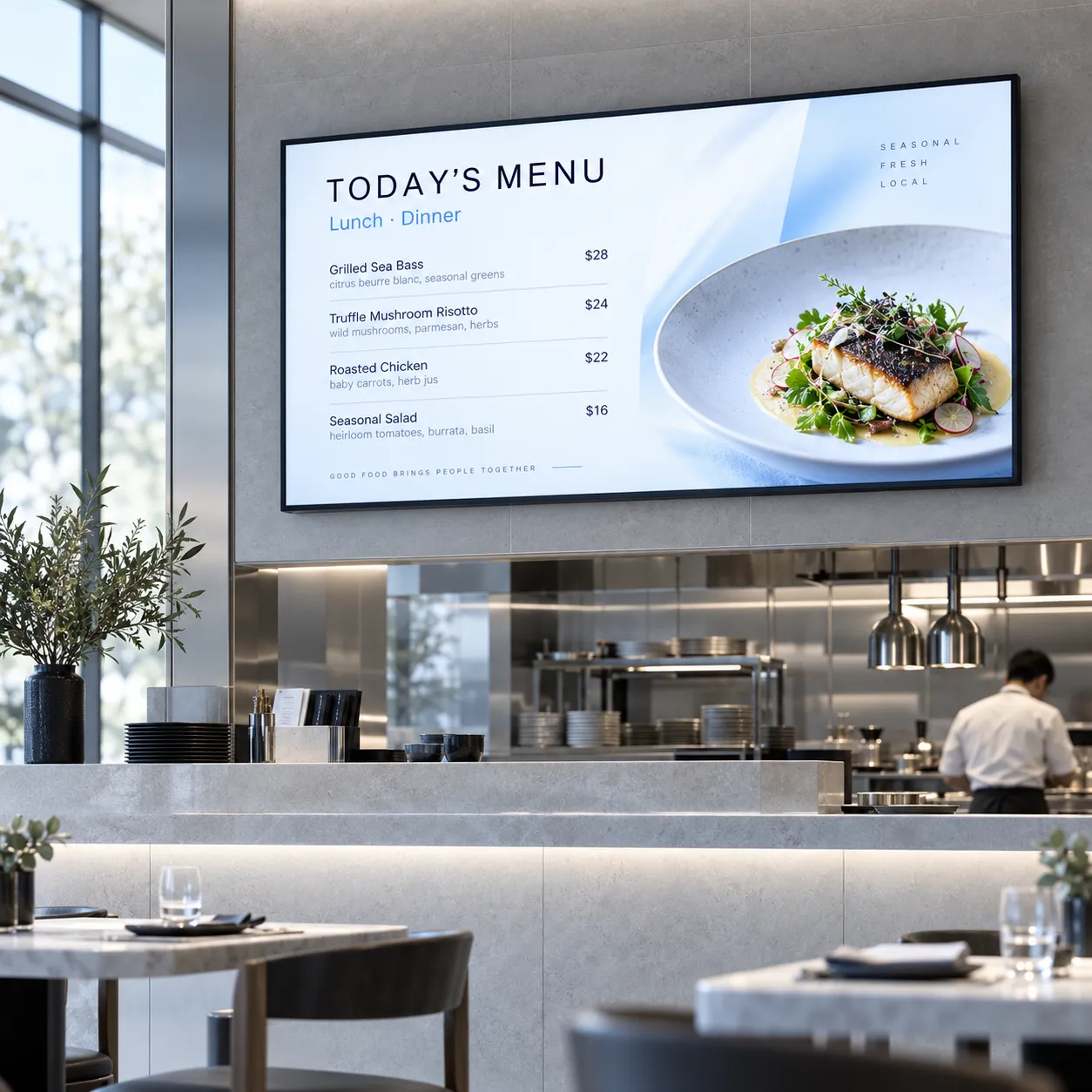 Restaurant with a digital menu board above the counter