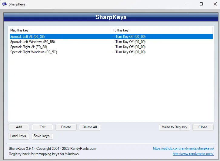 SharpKeys with the Alt and Windows keys turned off