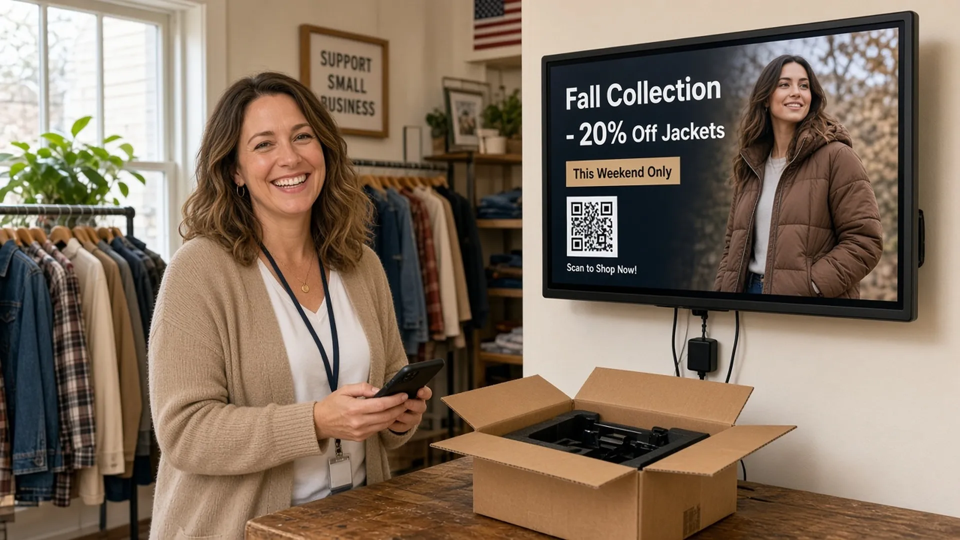 Smiling clothing store owner holding a phone next to an unboxed media player, with a screen on the wall showing a fall jacket sale and a QR code
