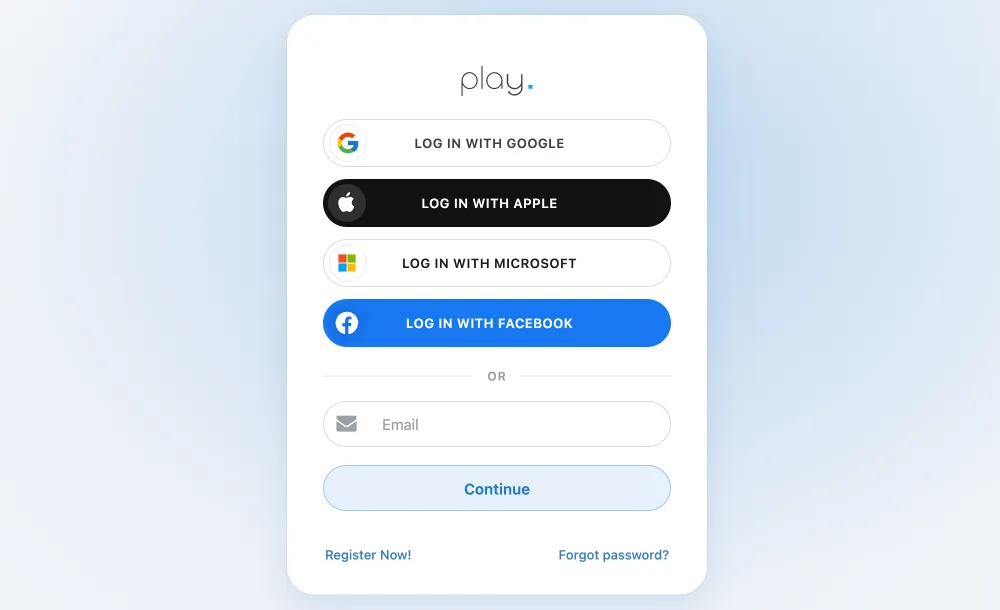 The Play sign-in page with Google, Apple, Microsoft, Facebook and email options