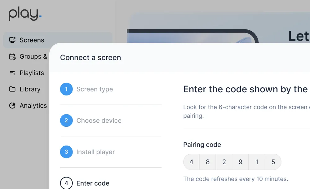 Entering the 6-digit pairing code in the Connect a screen window