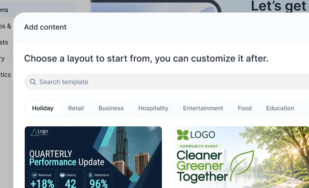 Choosing a template in the Add content window