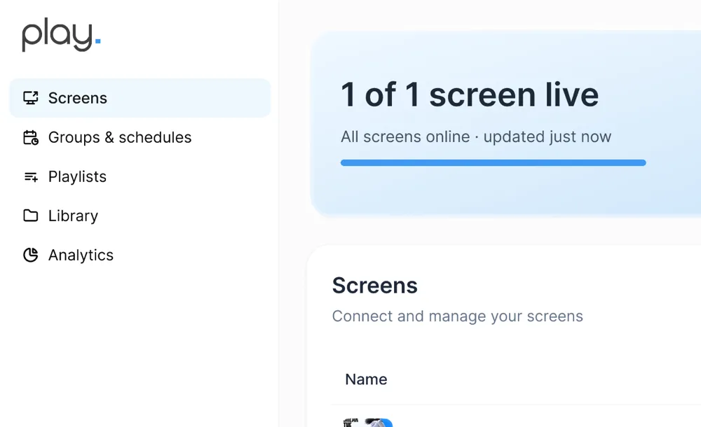 The Play dashboard showing 1 of 1 screen live