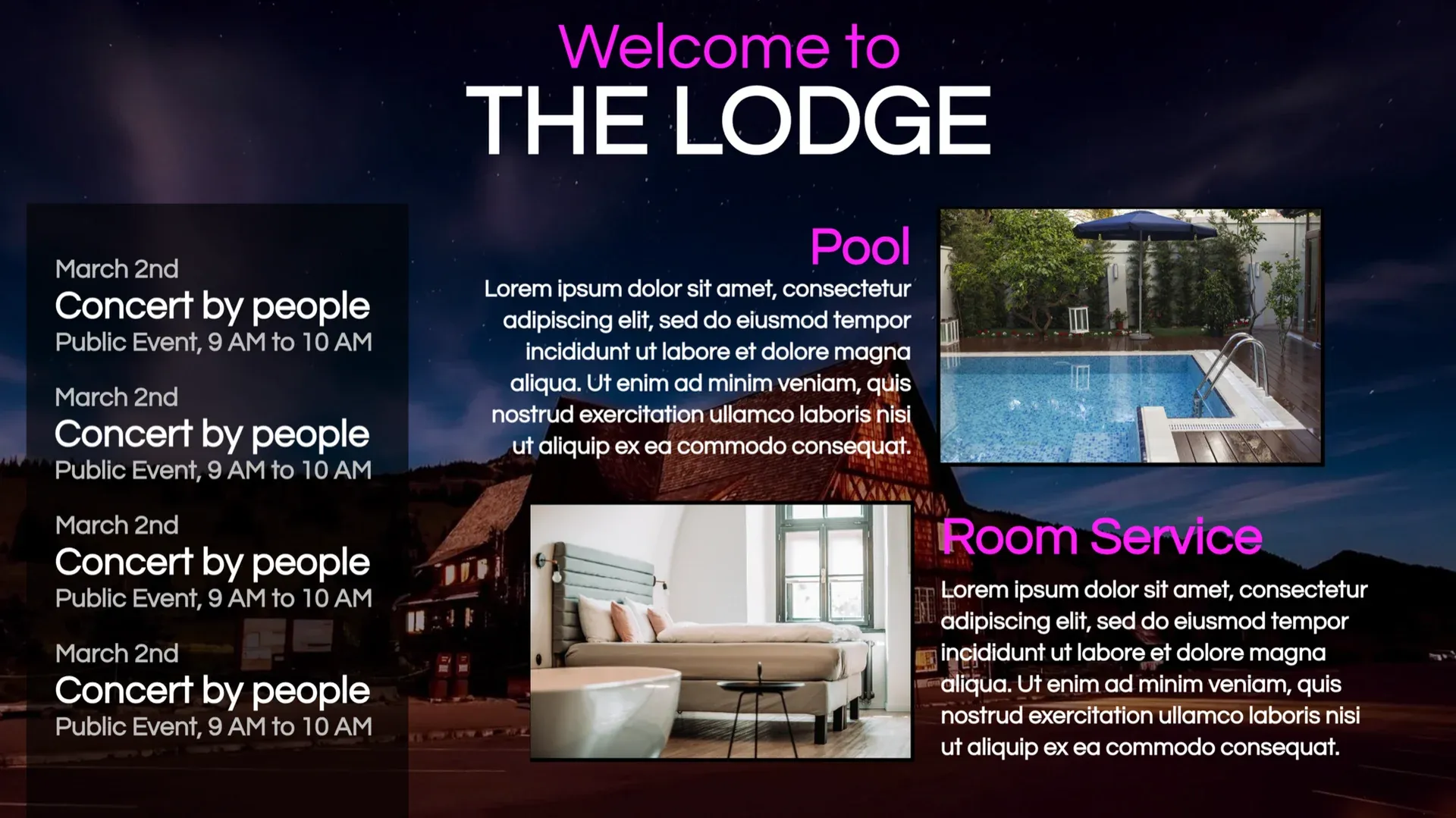 The Lodge: digital signage template for hospitality