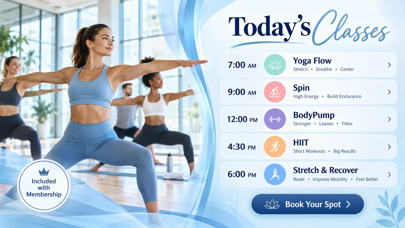 Today’s Classes: digital signage template for fitness