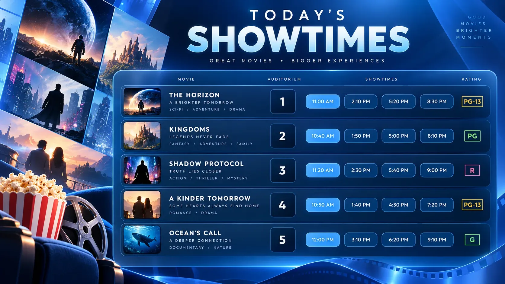 Today’s Showtimes: digital signage template for cinema