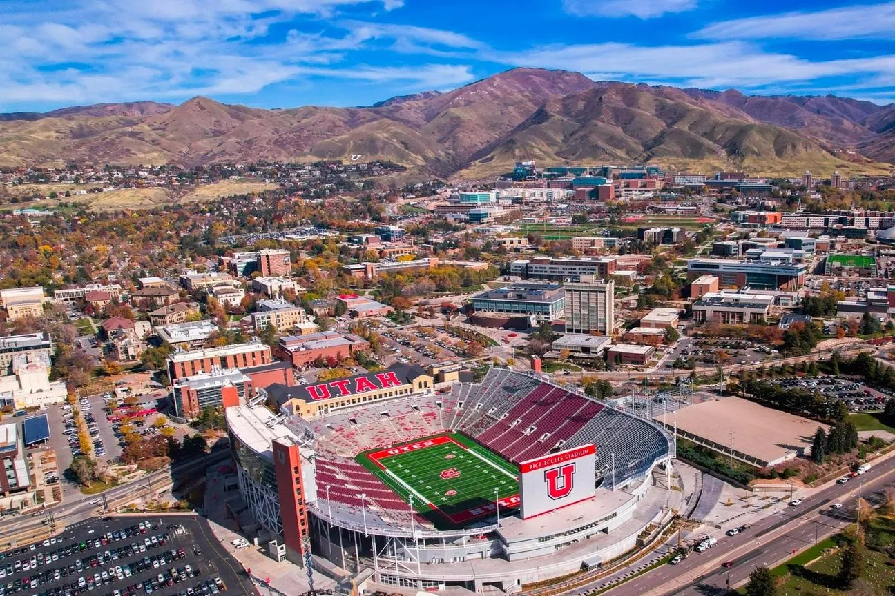 The University of Utah and Salt Lake City with Rice-Eccles Stadium in the foreground