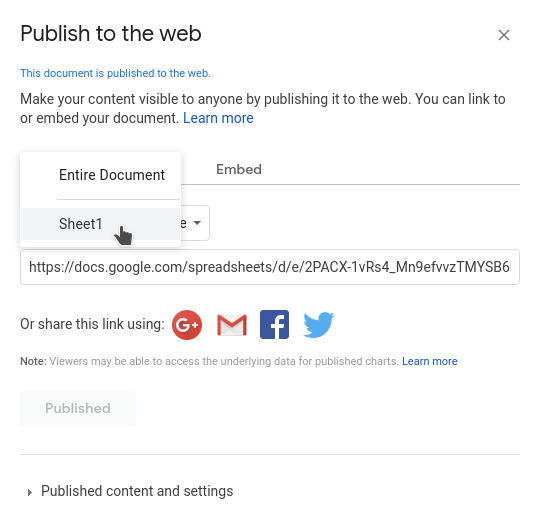 Google Sheets - Publish to the web